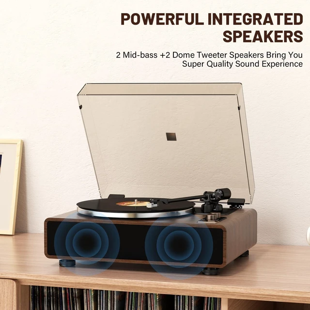 Alt view image 7 of 7 - Vinyl Record Player with Magnetic Cartridge and Built-in Speakers Belt-drive turntable with 33/45 RPM playback, Bluetooth playback, aux input, adjustable counterweight,auto off
