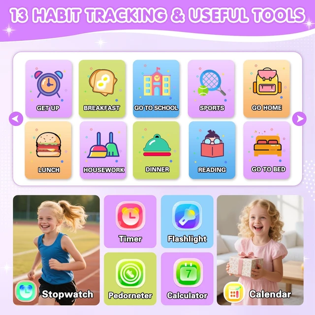 Alt view image 6 of 7 - Smart Watch for Kids with 39 Games Touchscreen Camera Video, Music Player, Pedometer, Calculator, Calendar, Stopwatch, Flashlight, Alarm Clock 12/24 hr, Birthday Gifts Toys for Girls Ages 3-12