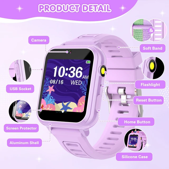Alt view image 7 of 7 - Smart Watch for Kids with 39 Games Touchscreen Camera Video, Music Player, Pedometer, Calculator, Calendar, Stopwatch, Flashlight, Alarm Clock 12/24 hr, Birthday Gifts Toys for Girls Ages 3-12