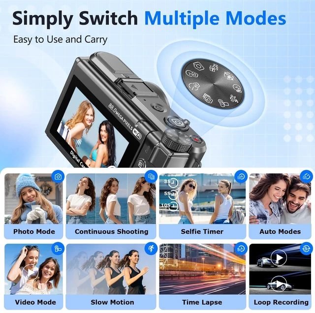 Alt view image 7 of 7 - 8K Digital Camera for Photography,88MP HD WiFi Vlogging Camera for YouTube 3" 180° Flip Screen,Autofocus,Compact Camera with 18X Digital Zoom,Flash,32GB TF Card & 2 Batteries(Gunmetal)
