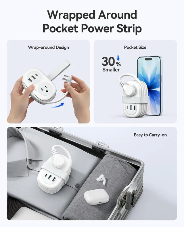 Alt view image 2 of 7 - Travel Power Strip, 3.7FT Small Extension Cord, Portable Power Strip Flat Plug with 2 AC Outlets 3 USB Ports (1 USB C), Multi Plug Extension Cord for Travel, Cruise, Office, Hotels