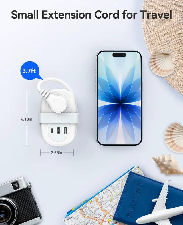 Alt view image 3 of 7 - Travel Power Strip, 3.7FT Small Extension Cord, Portable Power Strip Flat Plug with 2 AC Outlets 3 USB Ports (1 USB C), Multi Plug Extension Cord for Travel, Cruise, Office, Hotels