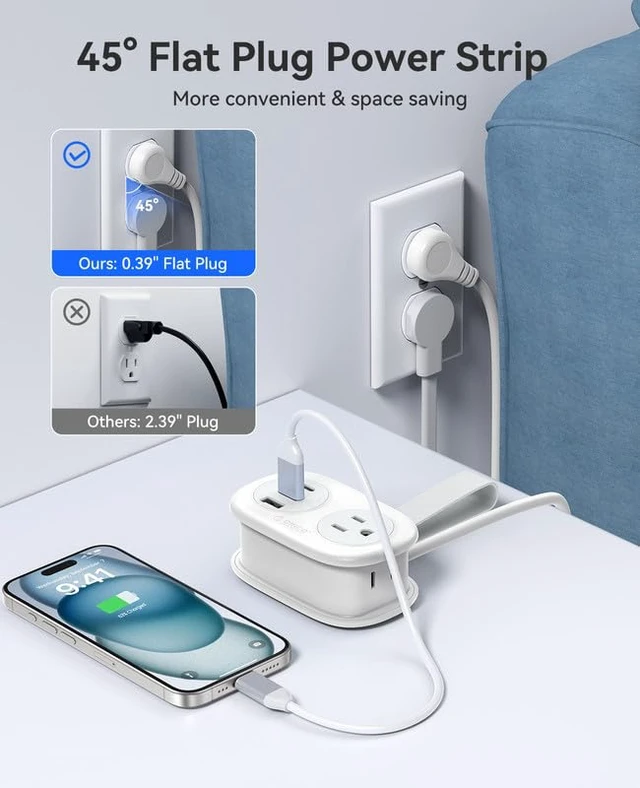 Alt view image 5 of 7 - Travel Power Strip, 3.7FT Small Extension Cord, Portable Power Strip Flat Plug with 2 AC Outlets 3 USB Ports (1 USB C), Multi Plug Extension Cord for Travel, Cruise, Office, Hotels