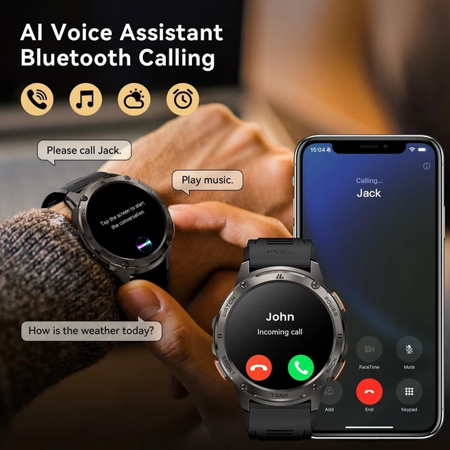 Alt view image 4 of 7 - Tank T3 Smart Watches for Men, Rugged Full Metal Body, 5ATM & IP69K 1.43" AMOLED, Bluetooth Call, 170+ Sports Modes, Heart Rate, SpO2 Monitor, Sleep Tracking, Compatible with iPhone and Android