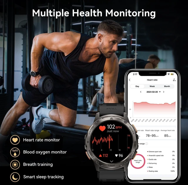 Alt view image 7 of 7 - Tank T3 Smart Watches for Men, Rugged Full Metal Body, 5ATM & IP69K 1.43" AMOLED, Bluetooth Call, 170+ Sports Modes, Heart Rate, SpO2 Monitor, Sleep Tracking, Compatible with iPhone and Android