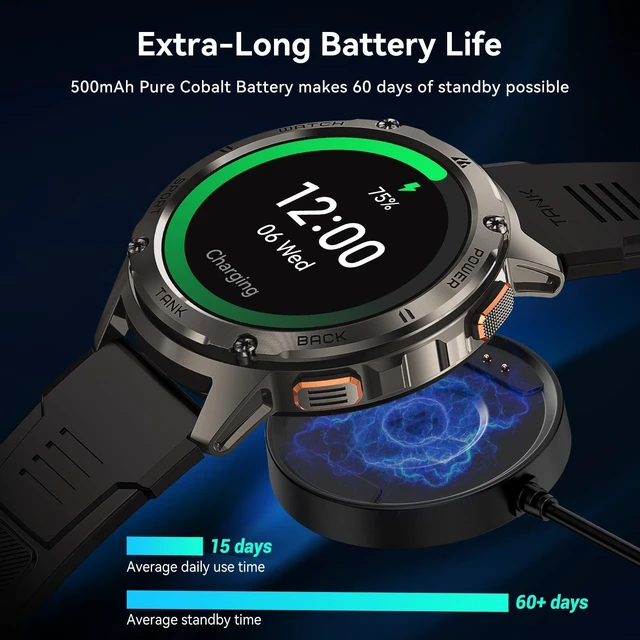 Alt view image 5 of 7 - Tank T3 Smart Watches for Men, Rugged Full Metal Body, 5ATM & IP69K 1.43" AMOLED, Bluetooth Call, 170+ Sports Modes, Heart Rate, SpO2 Monitor, Sleep Tracking, Compatible with iPhone and Android