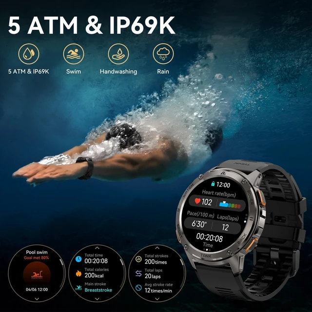 Alt view image 6 of 7 - Tank T3 Smart Watches for Men, Rugged Full Metal Body, 5ATM & IP69K 1.43" AMOLED, Bluetooth Call, 170+ Sports Modes, Heart Rate, SpO2 Monitor, Sleep Tracking, Compatible with iPhone and Android