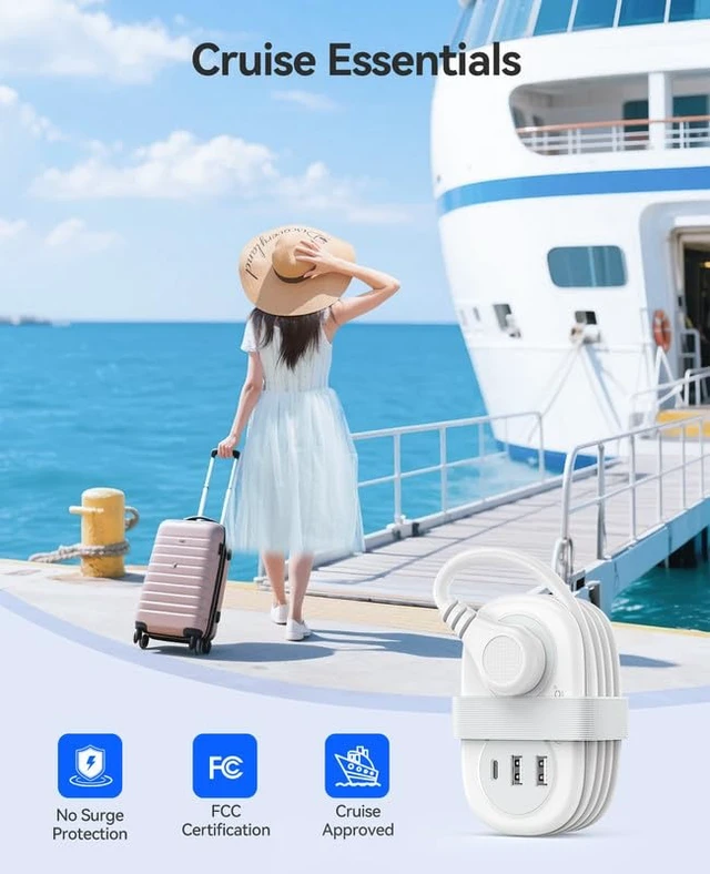 Alt view image 7 of 7 - Travel Power Strip, 3.7FT Small Extension Cord, Portable Power Strip Flat Plug with 2 AC Outlets 3 USB Ports (1 USB C), Multi Plug Extension Cord for Travel, Cruise, Office, Hotels