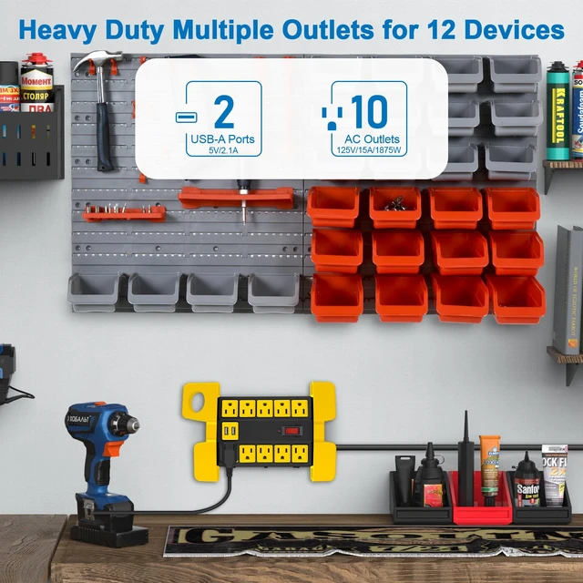 Alt view image 2 of 7 - Heavy Duty Power Strip with USB Ports, 10 Outlets. Black, 6FT. Garage, Surge Protector 2700 Joules, Industrial Workshop Metal 15Amp Extension Cord Multiple Outlets, Wide Spaced