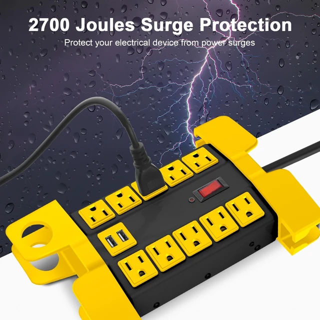 Alt view image 3 of 7 - Heavy Duty Power Strip with USB Ports, 10 Outlets. Black, 6FT. Garage, Surge Protector 2700 Joules, Industrial Workshop Metal 15Amp Extension Cord Multiple Outlets, Wide Spaced