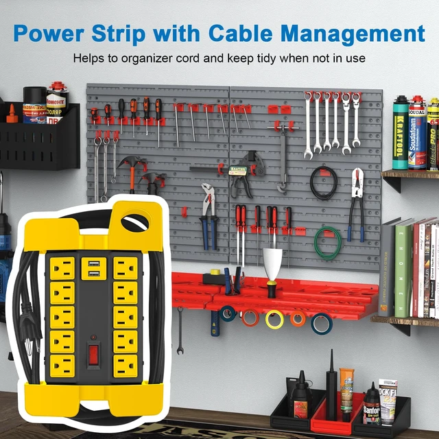 Alt view image 6 of 7 - Heavy Duty Power Strip with USB Ports, 10 Outlets. Black, 6FT. Garage, Surge Protector 2700 Joules, Industrial Workshop Metal 15Amp Extension Cord Multiple Outlets, Wide Spaced