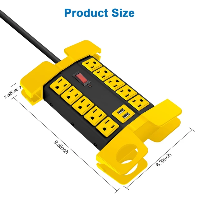 Alt view image 7 of 7 - Heavy Duty Power Strip with USB Ports, 10 Outlets. Black, 6FT. Garage, Surge Protector 2700 Joules, Industrial Workshop Metal 15Amp Extension Cord Multiple Outlets, Wide Spaced