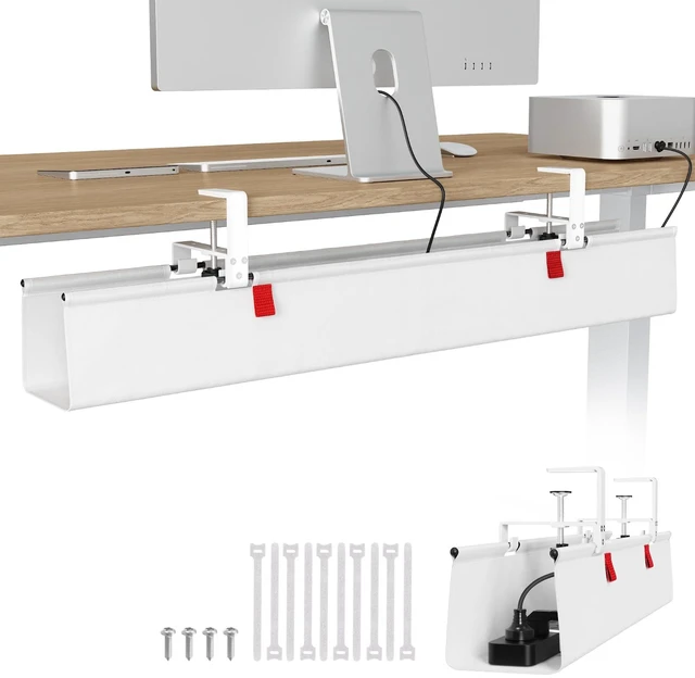 Main image of Large No Drill Under Desk Cable Management Tray 36 in, White Clamp/Screw Mount, Supports Up to 70lbs, Fabric Wire Management Gaming/PC Cable Raceways, Cord Hiders for Office/Home