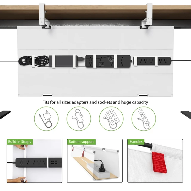 Alt view image 3 of 7 - Large No Drill Under Desk Cable Management Tray 36 in, White Clamp/Screw Mount, Supports Up to 70lbs, Fabric Wire Management Gaming/PC Cable Raceways, Cord Hiders for Office/Home