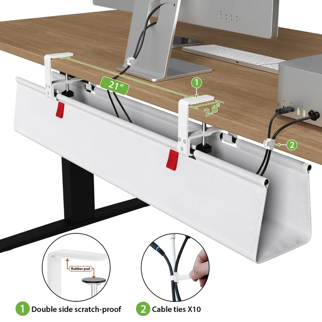Alt view image 4 of 7 - Large No Drill Under Desk Cable Management Tray 36 in, White Clamp/Screw Mount, Supports Up to 70lbs, Fabric Wire Management Gaming/PC Cable Raceways, Cord Hiders for Office/Home