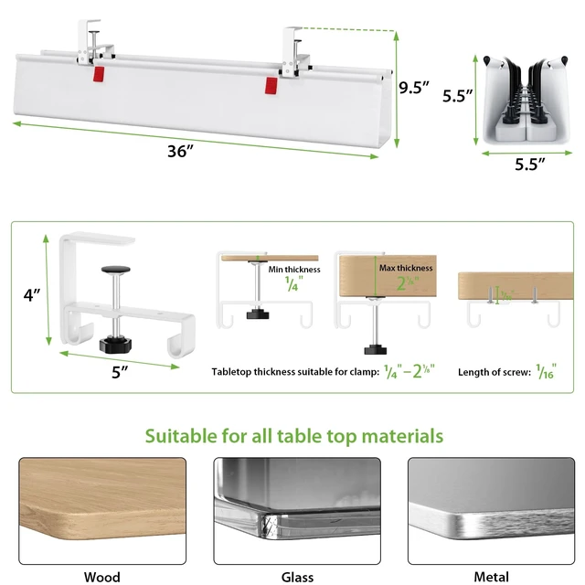 Alt view image 5 of 7 - Large No Drill Under Desk Cable Management Tray 36 in, White Clamp/Screw Mount, Supports Up to 70lbs, Fabric Wire Management Gaming/PC Cable Raceways, Cord Hiders for Office/Home