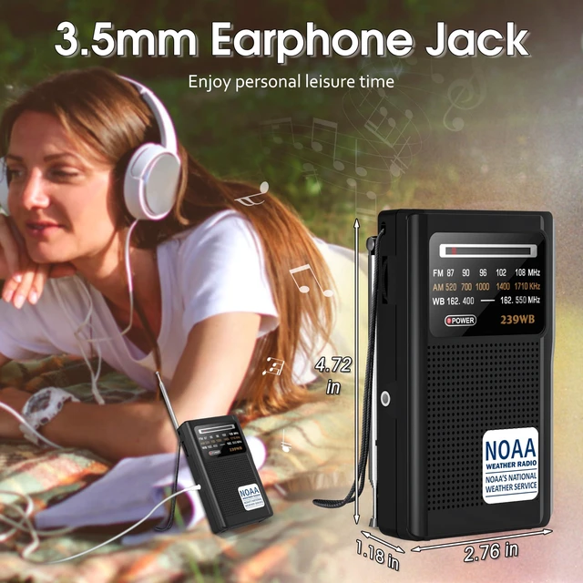 Alt view image 4 of 7 - NOAA Weather Radio, Transistor Battery Operated AM FM Radio Best Reception for Emergency/Hurricane, Earphone Jack, Powered by 2 AA Battery for Running, Walking, Home(Black)