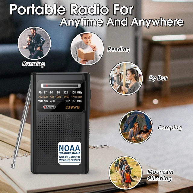 Alt view image 7 of 7 - NOAA Weather Radio, Transistor Battery Operated AM FM Radio Best Reception for Emergency/Hurricane, Earphone Jack, Powered by 2 AA Battery for Running, Walking, Home(Black)