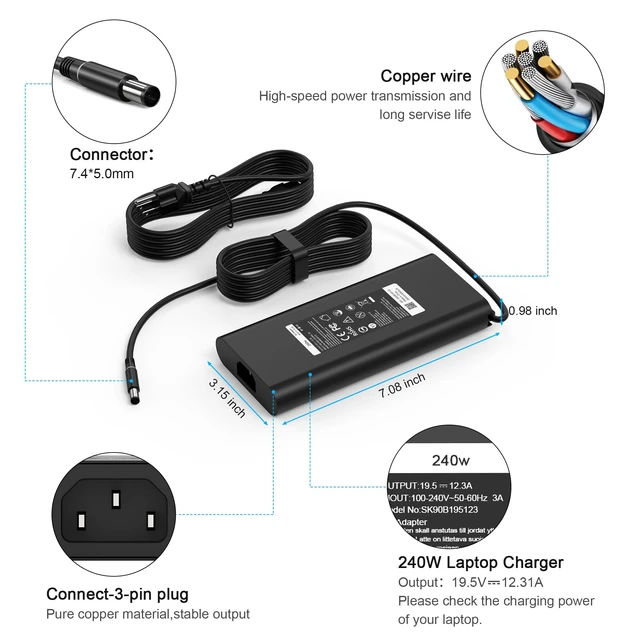 Alt view image 2 of 7 - 240W 180W 19.5V 12.31A AC Adapter Compatible with Dell Alienware 15 17 R1 R2 R3 R4 R5 M17X M18X X51 G3 G5 G7 Precision 7710 7730 7520 7540 M6800 Alienware Laptop Charger Power Supply Cord