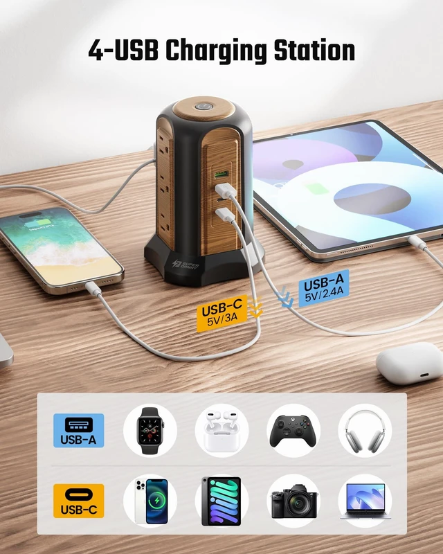 Alt view image 4 of 7 - Power Strip Tower, Desktop Charging Station,10 Ft Extension Cord 1080J Surge Protector, 9 Outlets 4 USB Ports (2 USB C), Flat Plug Power Tower with Multiple Outlets, Home, Office, Dorm,Brown