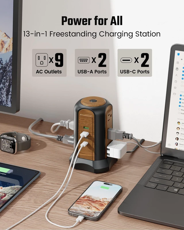 Alt view image 3 of 7 - Power Strip Tower, Desktop Charging Station,10 Ft Extension Cord 1080J Surge Protector, 9 Outlets 4 USB Ports (2 USB C), Flat Plug Power Tower with Multiple Outlets, Home, Office, Dorm,Brown