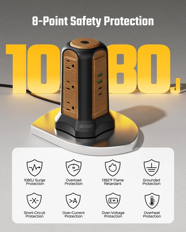 Alt view image 7 of 7 - Power Strip Tower, Desktop Charging Station,10 Ft Extension Cord 1080J Surge Protector, 9 Outlets 4 USB Ports (2 USB C), Flat Plug Power Tower with Multiple Outlets, Home, Office, Dorm,Brown