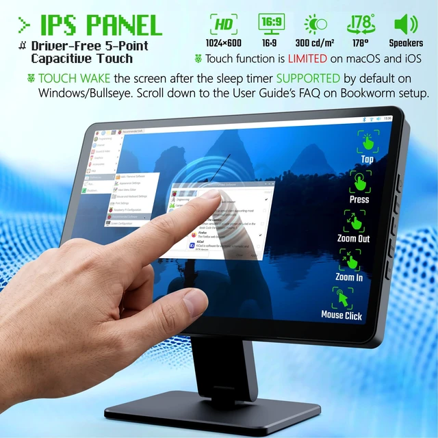 Alt view image 3 of 7 - 7-inch Mini Monitor with Touchscreen for Raspberry Pi, Computer, SBC Portable Small Computer Monitor, 5-Points Capacitive Touch 1024 x 600 IPS LCD HDMI Display for ESP32,Mac mini,Home Assistant