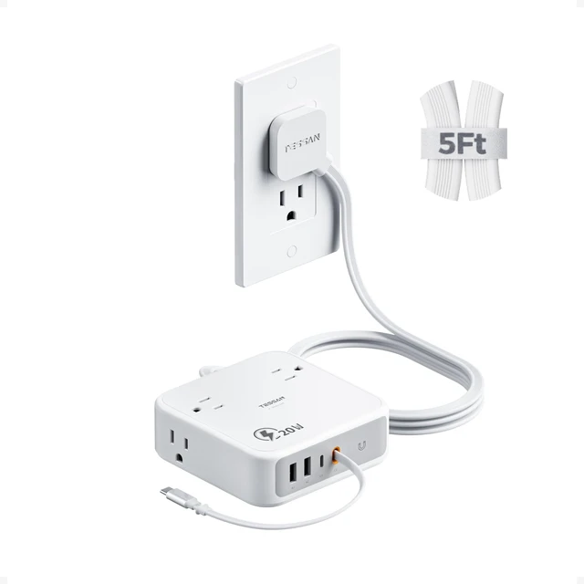 Main image of Surge Protector Extension Cord 5FtFlat Plug Power Strip, 1875W 15A 4 AC with 4 USB Ports(1 USB C) 20W USB C Retractable Cable, USB Charger 1050 Joules Protection, Suitable for Home, Dorm, Grey
