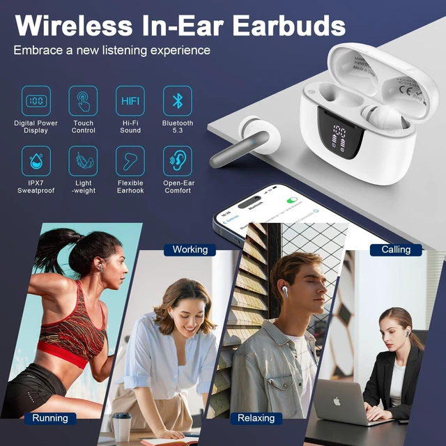 Alt view image 7 of 7 - Wireless Bluetooth 5.3 Earbuds for iPhone 17 18 Pro Max 16 Pro 16e 15 Plus Pixel 11 10 9 8 Pro XL 9a 8a 7 Bluetooth Headphones 60H Playback LED Power Display in Ear Earphones with Microphone for Sport