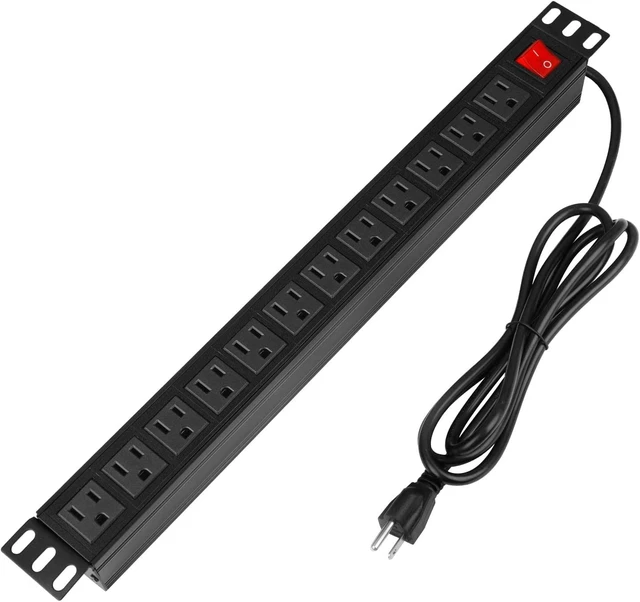 Main image of Power Surge Protector Rack-Mount PDU, 12 Outlet Power Strip with Switch, Metal Mountable Heavy Duty for Server Racks, Garage Shop, Industrial Commercial (Black 10FT)