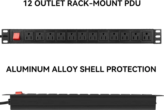 Alt view image 2 of 7 - Power Surge Protector Rack-Mount PDU, 12 Outlet Power Strip with Switch, Metal Mountable Heavy Duty for Server Racks, Garage Shop, Industrial Commercial (Black 10FT)