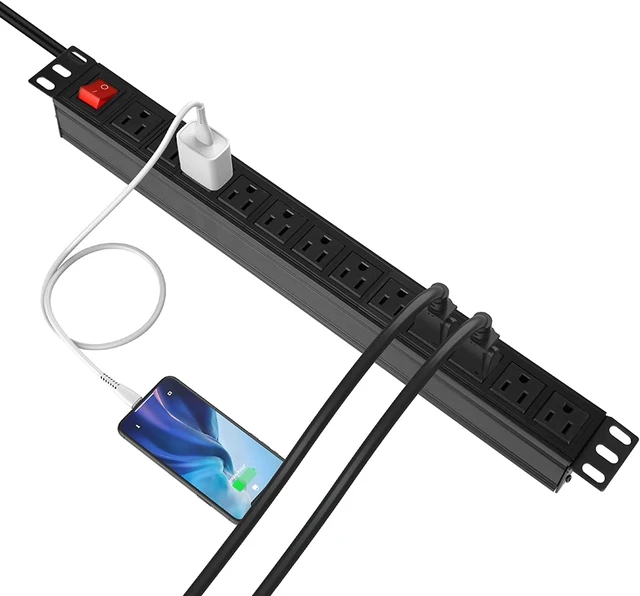 Alt view image 5 of 7 - Power Surge Protector Rack-Mount PDU, 12 Outlet Power Strip with Switch, Metal Mountable Heavy Duty for Server Racks, Garage Shop, Industrial Commercial (Black 10FT)