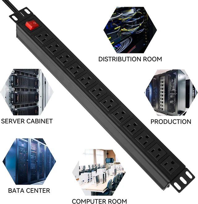 Alt view image 6 of 7 - Power Surge Protector Rack-Mount PDU, 12 Outlet Power Strip with Switch, Metal Mountable Heavy Duty for Server Racks, Garage Shop, Industrial Commercial (Black 10FT)