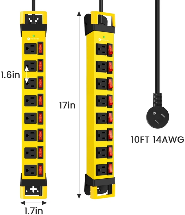 Alt view image 7 of 7 - Heavy Duty Power Strip with 8 Outlets,1200J,Yellow,10FT Individual Switch with Multiple Outlets,Wall Mount Plug Extender,Grounding,Garage Power Strip