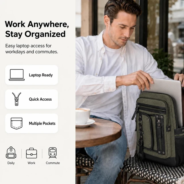 Alt view image 2 of 7 - Cross Body Bag for Men: Large Canvas Sling Backpack Messenger Bag Fits 15.6 Inch Laptop for Work Commute