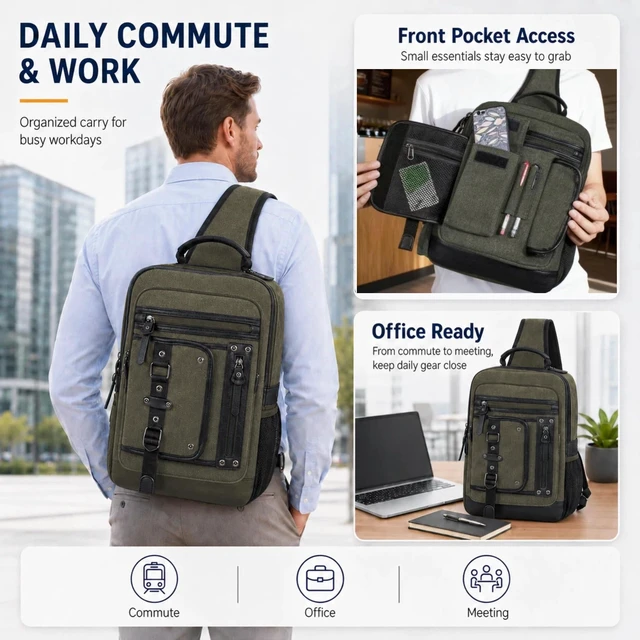 Alt view image 3 of 7 - Cross Body Bag for Men: Large Canvas Sling Backpack Messenger Bag Fits 15.6 Inch Laptop for Work Commute