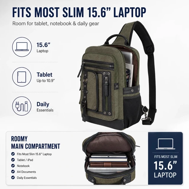Alt view image 4 of 7 - Cross Body Bag for Men: Large Canvas Sling Backpack Messenger Bag Fits 15.6 Inch Laptop for Work Commute