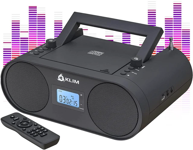 Main image of B4 Portable CD Player Boombox, USB, AUX, AM FM Radio, Bluetooth Includes Remote Control, Autosleep Timer and Digital EQ, with Rechargeable Battery for Wired or Cordless Use - Black