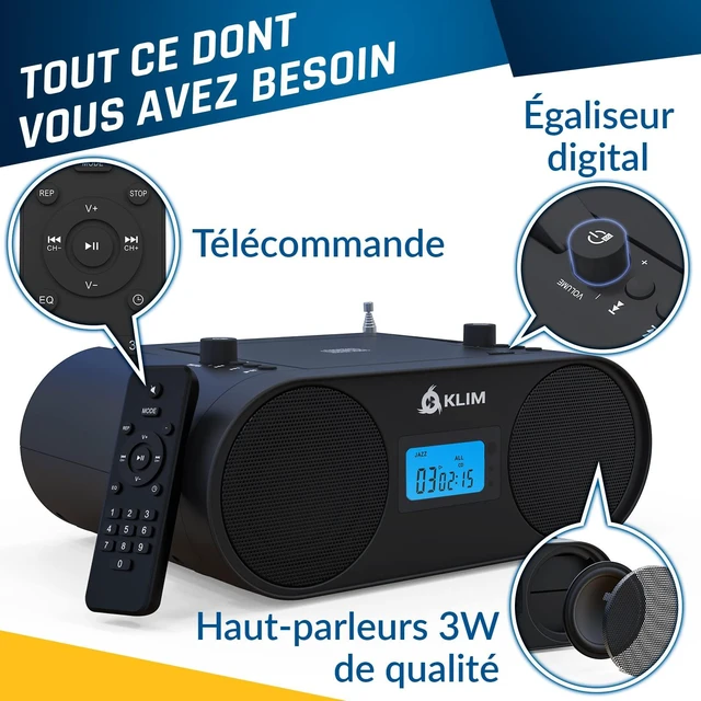 Alt view image 6 of 7 - B4 Portable CD Player Boombox, USB, AUX, AM FM Radio, Bluetooth Includes Remote Control, Autosleep Timer and Digital EQ, with Rechargeable Battery for Wired or Cordless Use - Black