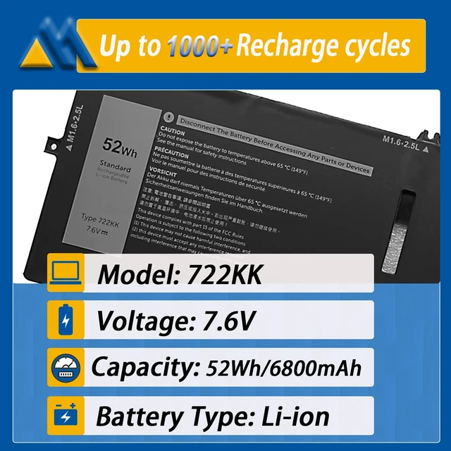 Alt view image 2 of 7 - 722KK 52Wh Laptop Battery Replacement for Dell XPS 13 9310 (2020) XPS 13 9300 (2020) XPS 13 9380 (2020) P117G P117G002 P117G001 Series 0WN0N0 WN0N0 02XXFW 2XXFW FP86V 7.6V 6800mAh