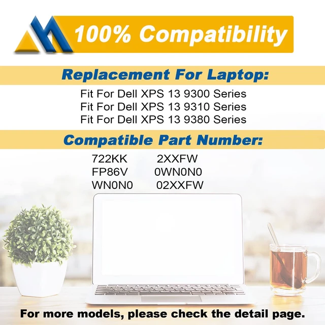 Alt view image 5 of 7 - 722KK 52Wh Laptop Battery Replacement for Dell XPS 13 9310 (2020) XPS 13 9300 (2020) XPS 13 9380 (2020) P117G P117G002 P117G001 Series 0WN0N0 WN0N0 02XXFW 2XXFW FP86V 7.6V 6800mAh