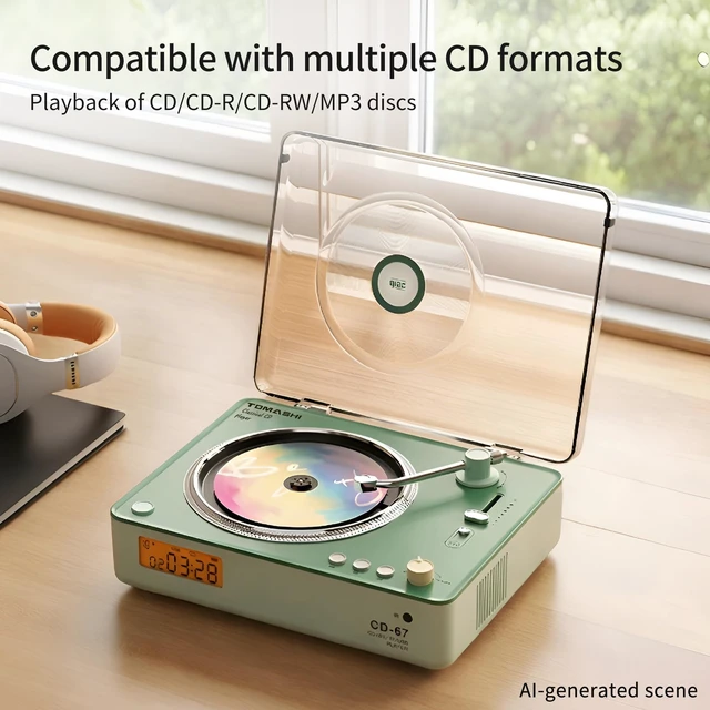 Alt view image 2 of 7 - CD Player Portable with HiFi Speakers, Bluetooth Transmitter & Receiver, Retro Rechargeable Desktop Music Player for Home with Remote, USB/TF/AUX, Festival Gift Green