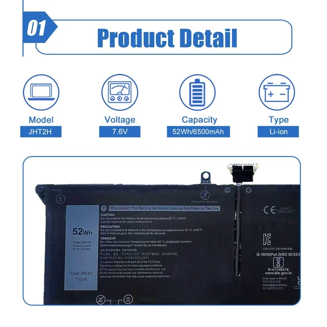 Alt view image 2 of 6 - 52Wh JHT2H Laptop Battery Replacement for Dell Latitude 7310 7410 Series For Dell P34S P34S001 Latitude 7410 Chromebook Enterprise, HRGYV WY9MP 4V5X2 0HRGYV 09YYF 35J09 0WY9MP 04V5X2, 7.6V 6500mAh