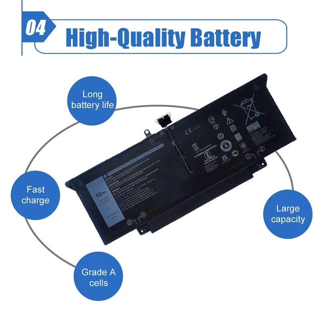 Alt view image 5 of 6 - 52Wh JHT2H Laptop Battery Replacement for Dell Latitude 7310 7410 Series For Dell P34S P34S001 Latitude 7410 Chromebook Enterprise, HRGYV WY9MP 4V5X2 0HRGYV 09YYF 35J09 0WY9MP 04V5X2, 7.6V 6500mAh