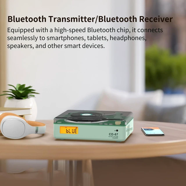 Alt view image 5 of 7 - CD Player Portable with HiFi Speakers, Bluetooth Transmitter & Receiver, Retro Rechargeable Desktop Music Player for Home with Remote, USB/TF/AUX, Festival Gift Green