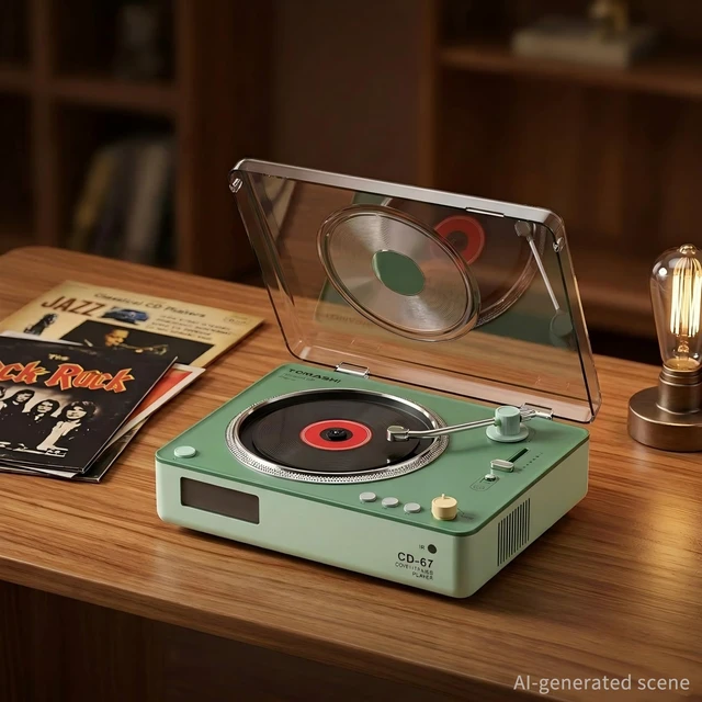 Alt view image 7 of 7 - CD Player Portable with HiFi Speakers, Bluetooth Transmitter & Receiver, Retro Rechargeable Desktop Music Player for Home with Remote, USB/TF/AUX, Festival Gift Green