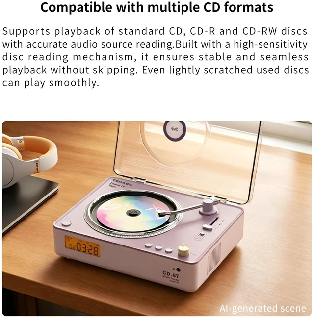 Alt view image 5 of 7 - CD Player Portable with HiFi SpeakersBluetooth Transmitter & ReceiverRetro Rechargeable Desktop Music Player for Home with Remote, USB/TF/AUX, Festival Gift Pueple