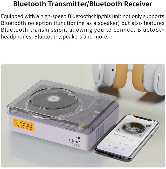 Alt view image 6 of 7 - CD Player Portable with HiFi SpeakersBluetooth Transmitter & ReceiverRetro Rechargeable Desktop Music Player for Home with Remote, USB/TF/AUX, Festival Gift Pueple