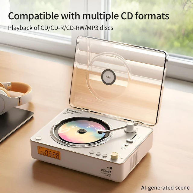 Alt view image 2 of 7 - CD Player Portable with HiFi Speakers, Bluetooth Transmitter & Receiver, Retro Rechargeable Desktop Music Player for Home with Remote, USB/TF/AUX, Festival Gift White