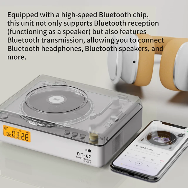 Alt view image 5 of 7 - CD Player Portable with HiFi Speakers, Bluetooth Transmitter & Receiver, Retro Rechargeable Desktop Music Player for Home with Remote, USB/TF/AUX, Festival Gift White